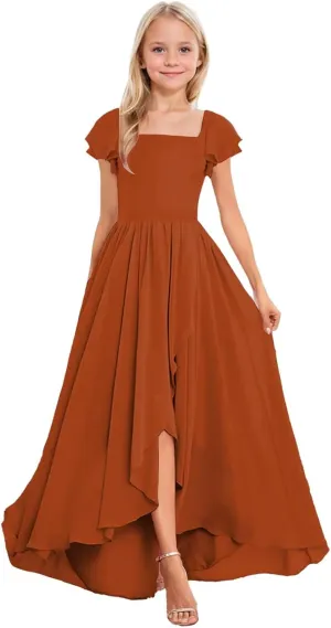 Short Sleeve Junior Bridesmaid Dresses Long Chiffon A Line Flower Girl Dress for Wedding