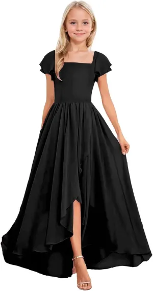 Short Sleeve Junior Bridesmaid Dresses Long Chiffon A Line Flower Girl Dress for Wedding