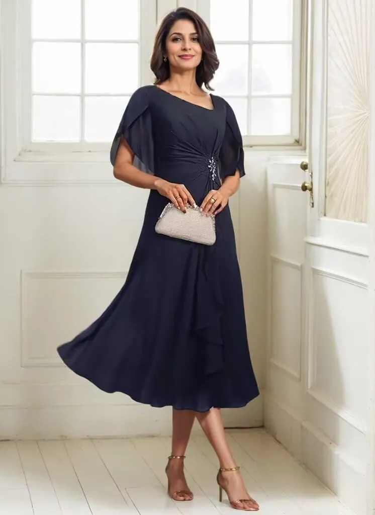 Short Sleeves Ruched Mother of The Bride Dresses A Line Beaded Midi Length Formal Evening Party Gown