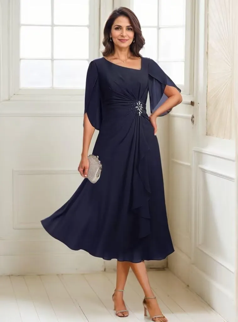Short Sleeves Ruched Mother of The Bride Dresses A Line Beaded Midi Length Formal Evening Party Gown