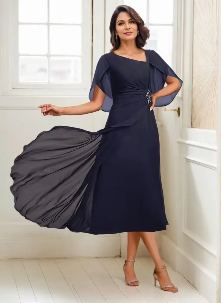 Short Sleeves Ruched Mother of The Bride Dresses A Line Beaded Midi Length Formal Evening Party Gown