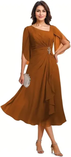Short Sleeves Ruched Mother of The Bride Dresses A Line Beaded Midi Length Formal Evening Party Gown