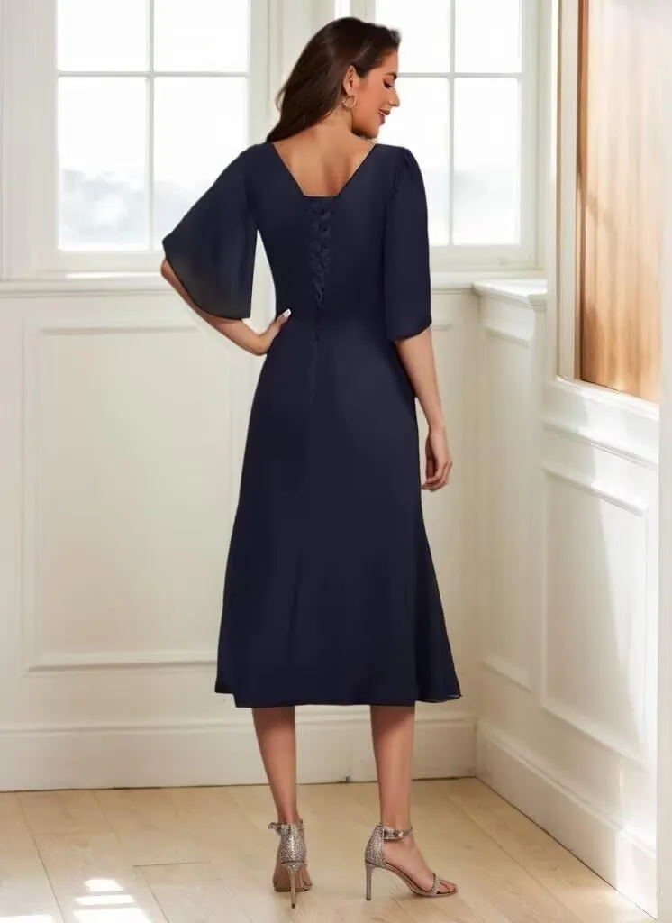 Short Sleeves Ruched Mother of The Bride Dresses A Line Beaded Midi Length Formal Evening Party Gown