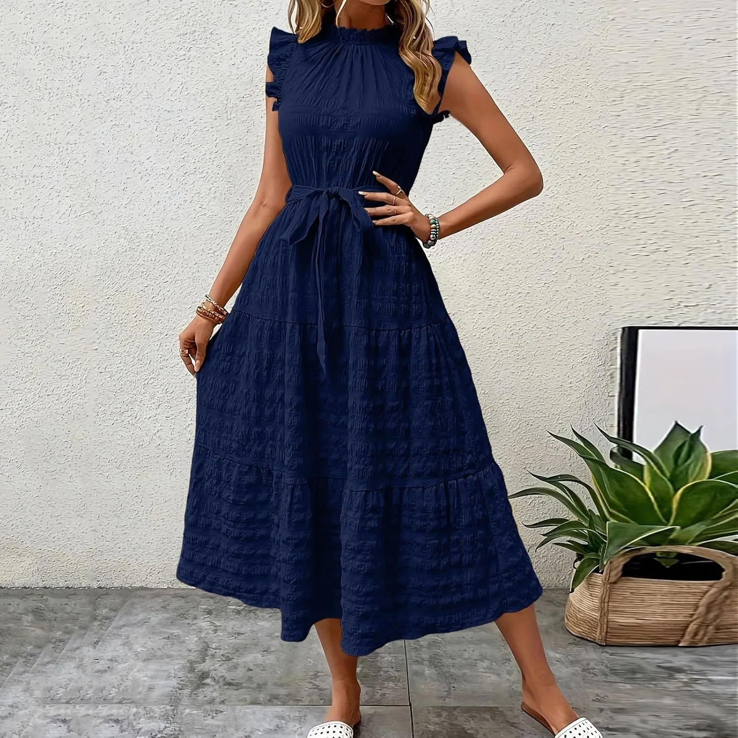Sleeveless Dresses for Women 2024, Women's Casual Feather V Neck Retro Long Dress Vacation Beach Sun, S XXL