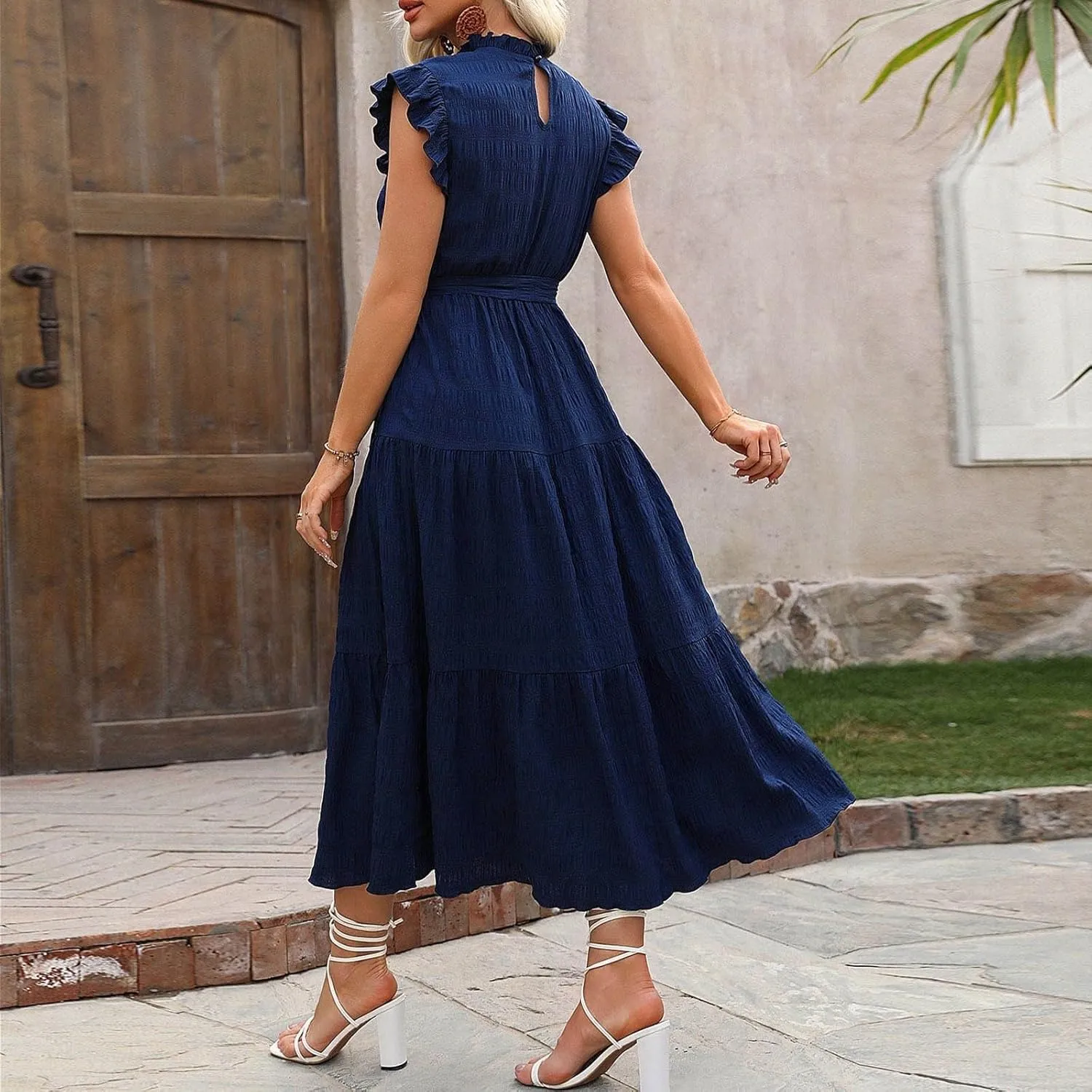 Sleeveless Dresses for Women 2024, Women's Casual Feather V Neck Retro Long Dress Vacation Beach Sun, S XXL