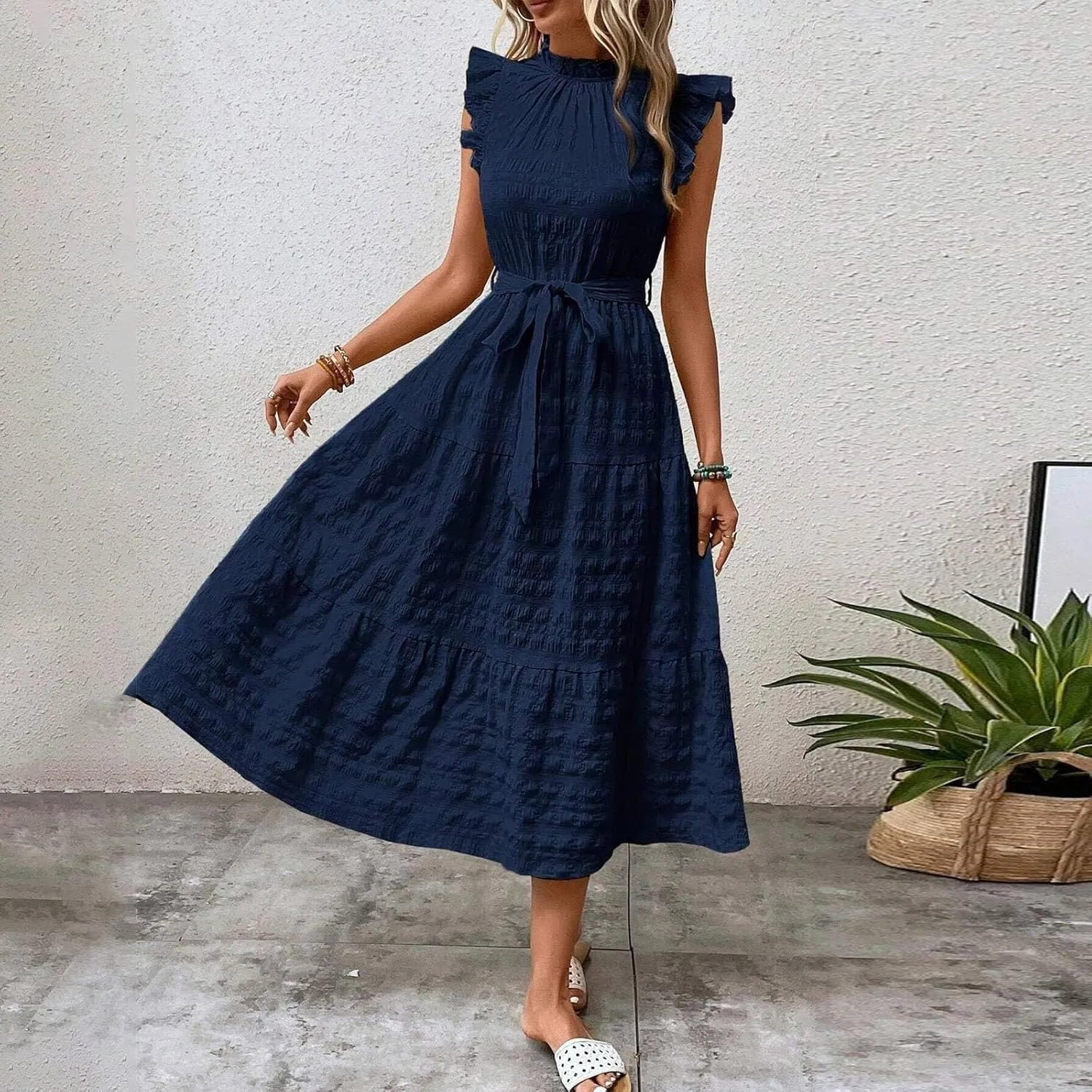 Sleeveless Dresses for Women 2024, Women's Casual Feather V Neck Retro Long Dress Vacation Beach Sun, S XXL