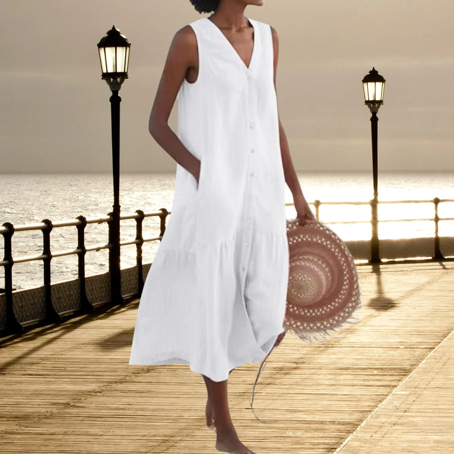 Sleeveless Linen Dress for Women Summer Trendy Button Down Shirt Dress with Pockets Loose Beach Dresses S-XXL