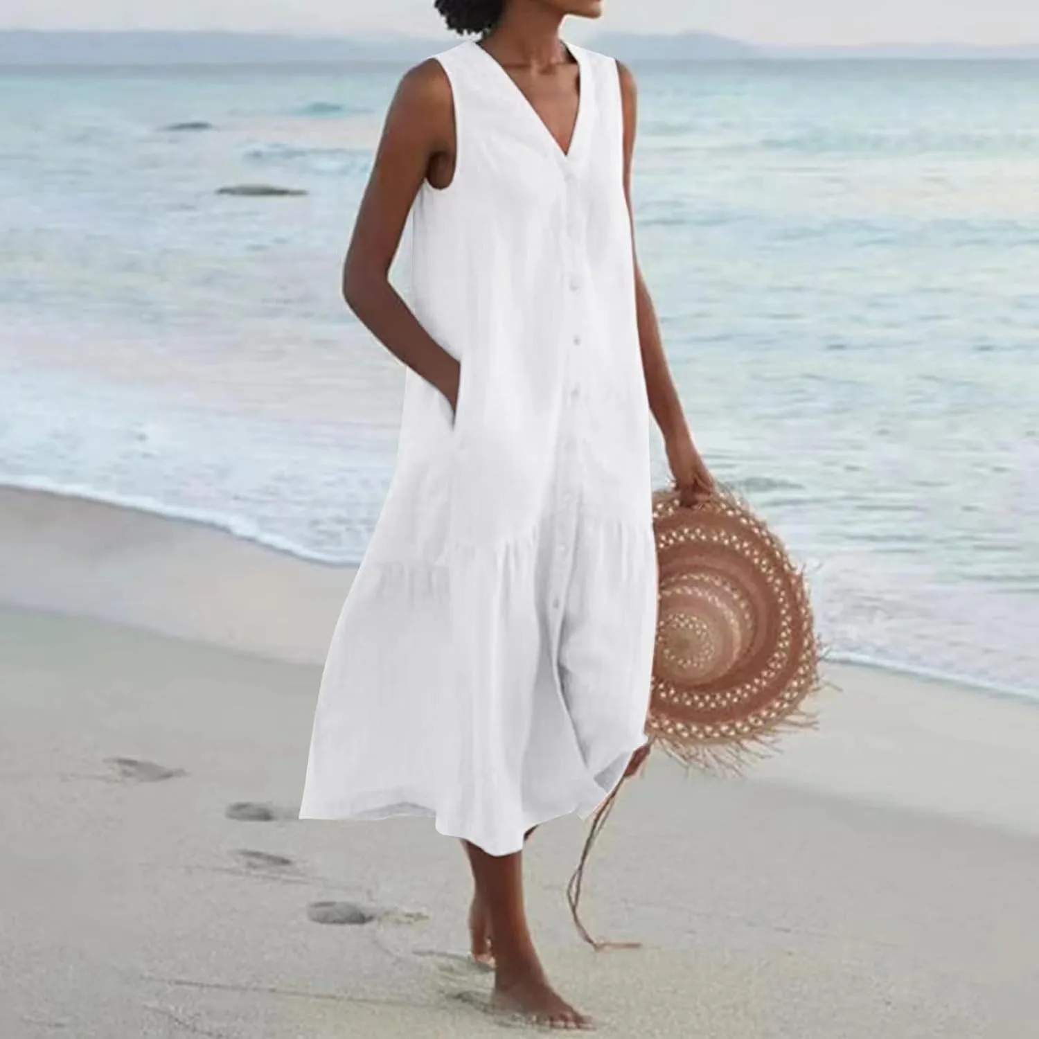 Sleeveless Linen Dress for Women Summer Trendy Button Down Shirt Dress with Pockets Loose Beach Dresses S-XXL