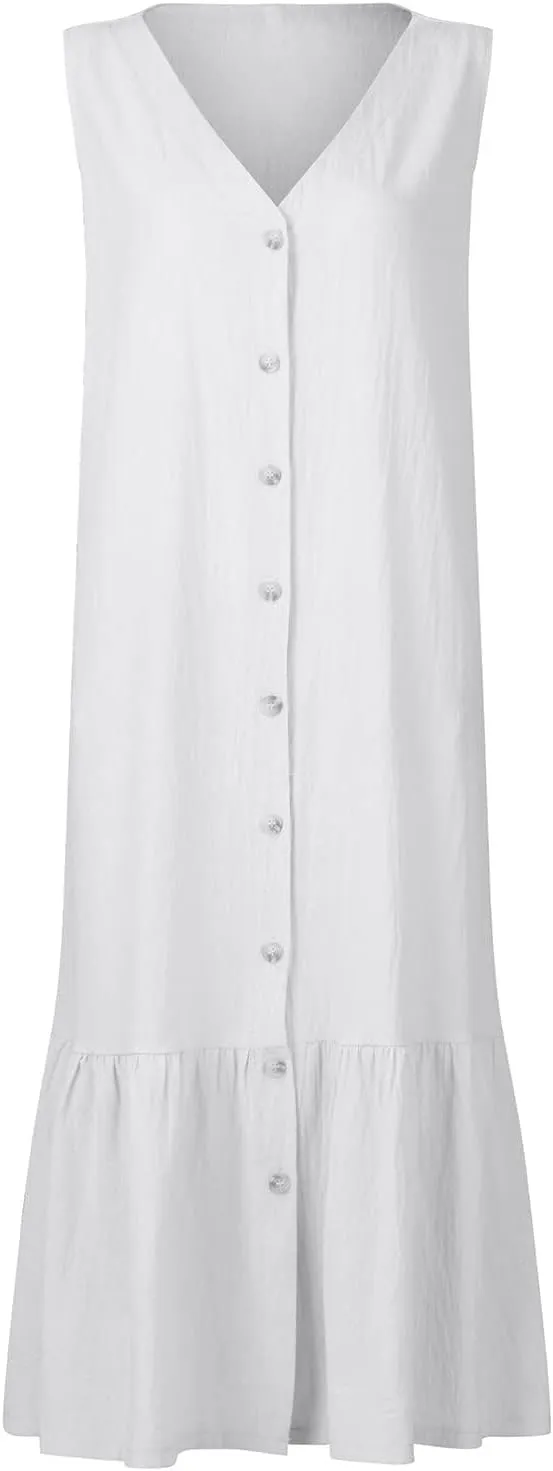 Sleeveless Linen Dress for Women Summer Trendy Button Down Shirt Dress with Pockets Loose Beach Dresses S-XXL