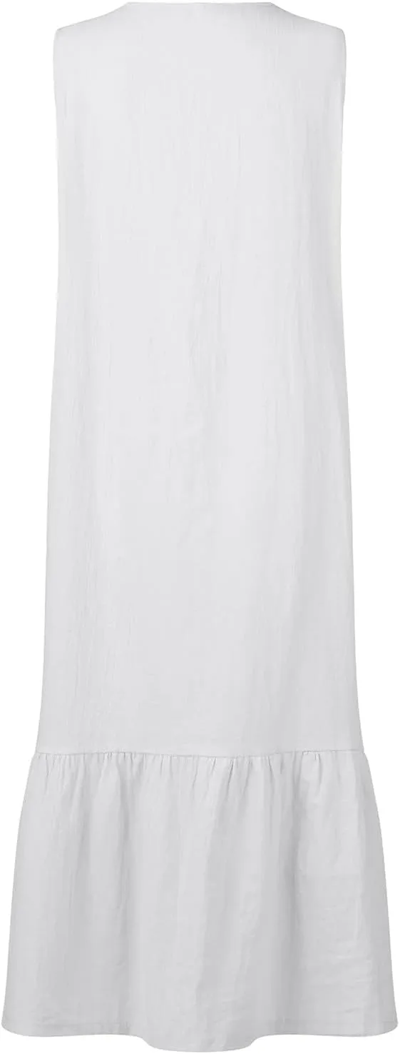 Sleeveless Linen Dress for Women Summer Trendy Button Down Shirt Dress with Pockets Loose Beach Dresses S-XXL