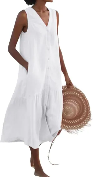 Sleeveless Linen Dress for Women Summer Trendy Button Down Shirt Dress with Pockets Loose Beach Dresses S-XXL