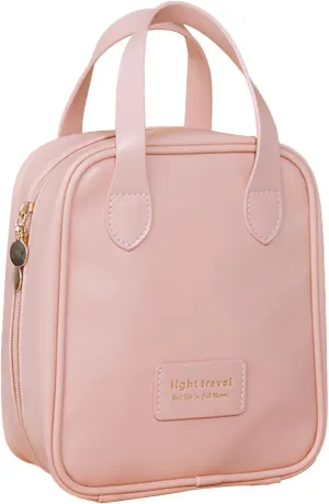 Small Makeup Bag for Women Travel - Elegant PU Leather Cosmetic Organizer, Waterproof Skincare Bag with Handle, Portable Toiletry Pouch for Purse (Pink)
