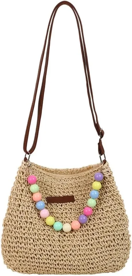 Small Straw Bucket Bag Woven Sling Bag for Women Crochet Cross-body Shoulder Bag Versatile Raffia Hobo Handbag for Travel
