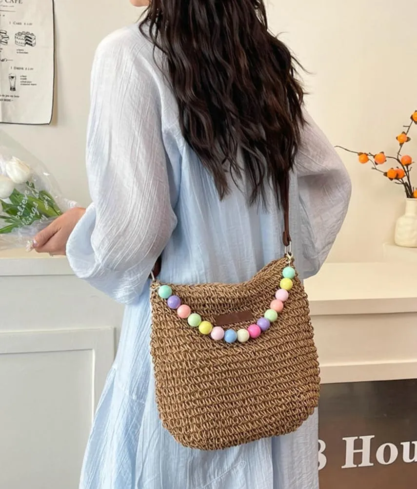 Small Straw Bucket Bag Woven Sling Bag for Women Crochet Cross-body Shoulder Bag Versatile Raffia Hobo Handbag for Travel