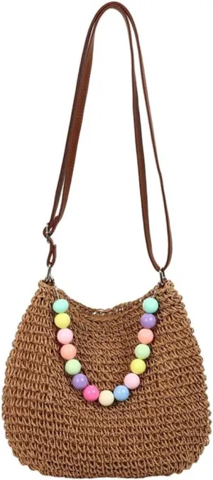 Small Straw Bucket Bag Woven Sling Bag for Women Crochet Cross-body Shoulder Bag Versatile Raffia Hobo Handbag for Travel