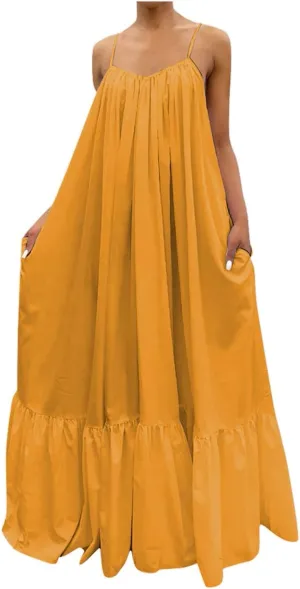 Spaghetti Strap Dresses for Women Plus Size Sleeveless Summer Casual Flowy Dress Ruffle Hem Swing Midi Sundress