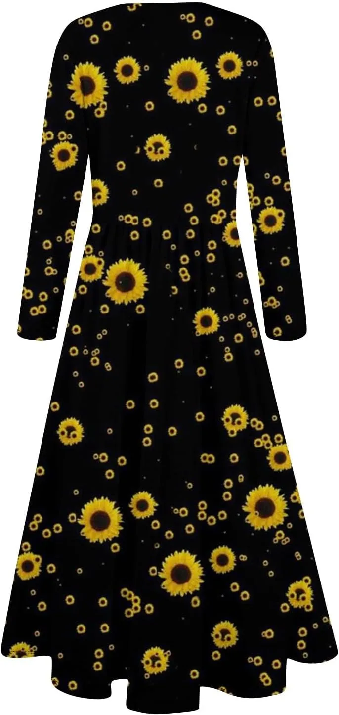 Spring Dresses for Women 2025 Long Sleeve O Neck Midi Tea Length Boho Vacation Trendy Waist Cruise Dress