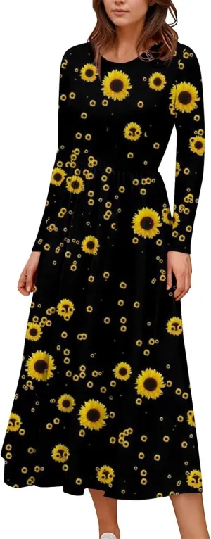 Spring Dresses for Women 2025 Long Sleeve O Neck Midi Tea Length Boho Vacation Trendy Waist Cruise Dress