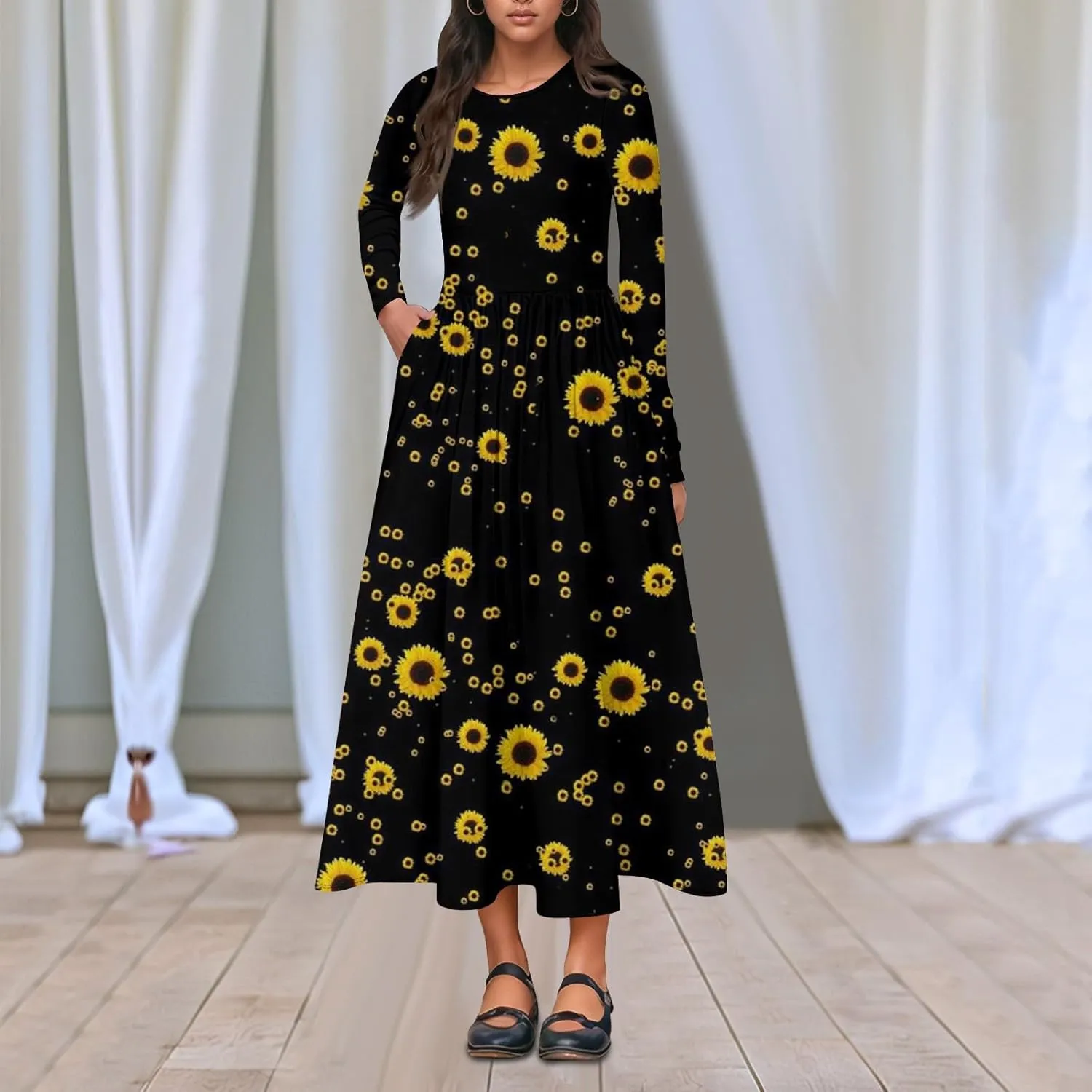Spring Dresses for Women 2025 Long Sleeve O Neck Midi Tea Length Boho Vacation Trendy Waist Cruise Dress
