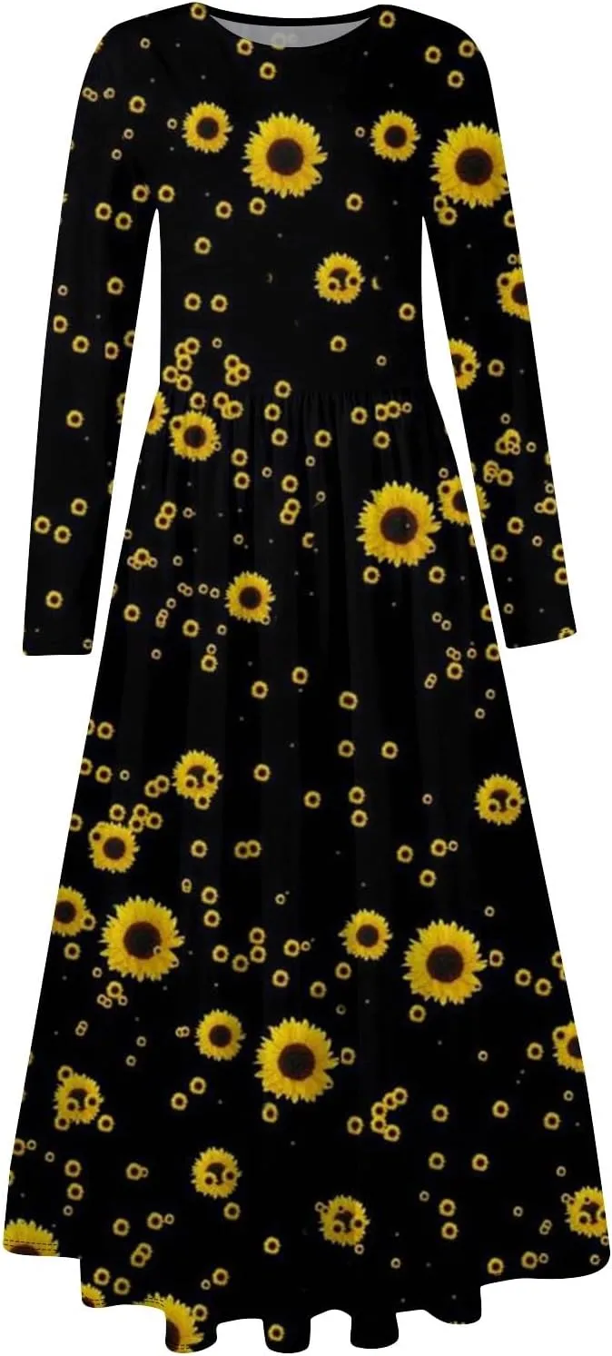 Spring Dresses for Women 2025 Long Sleeve O Neck Midi Tea Length Boho Vacation Trendy Waist Cruise Dress