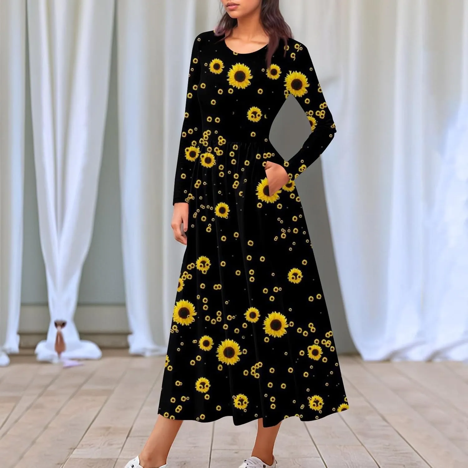 Spring Dresses for Women 2025 Long Sleeve O Neck Midi Tea Length Boho Vacation Trendy Waist Cruise Dress