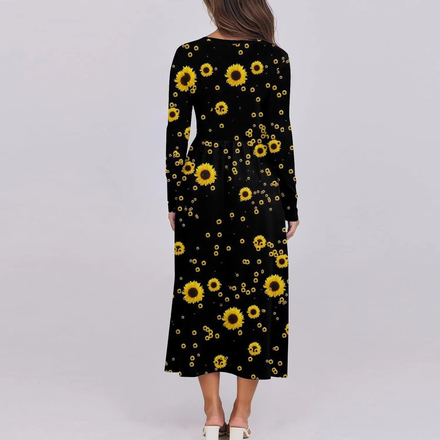 Spring Dresses for Women 2025 Long Sleeve O Neck Midi Tea Length Boho Vacation Trendy Waist Cruise Dress