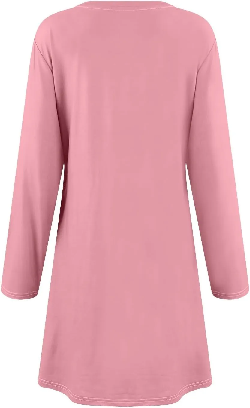 Spring Dresses for Women 2025 Long Sleeve Round Neck Knee Length Tunic Dress Solid Side Pocket Vacation Dresses