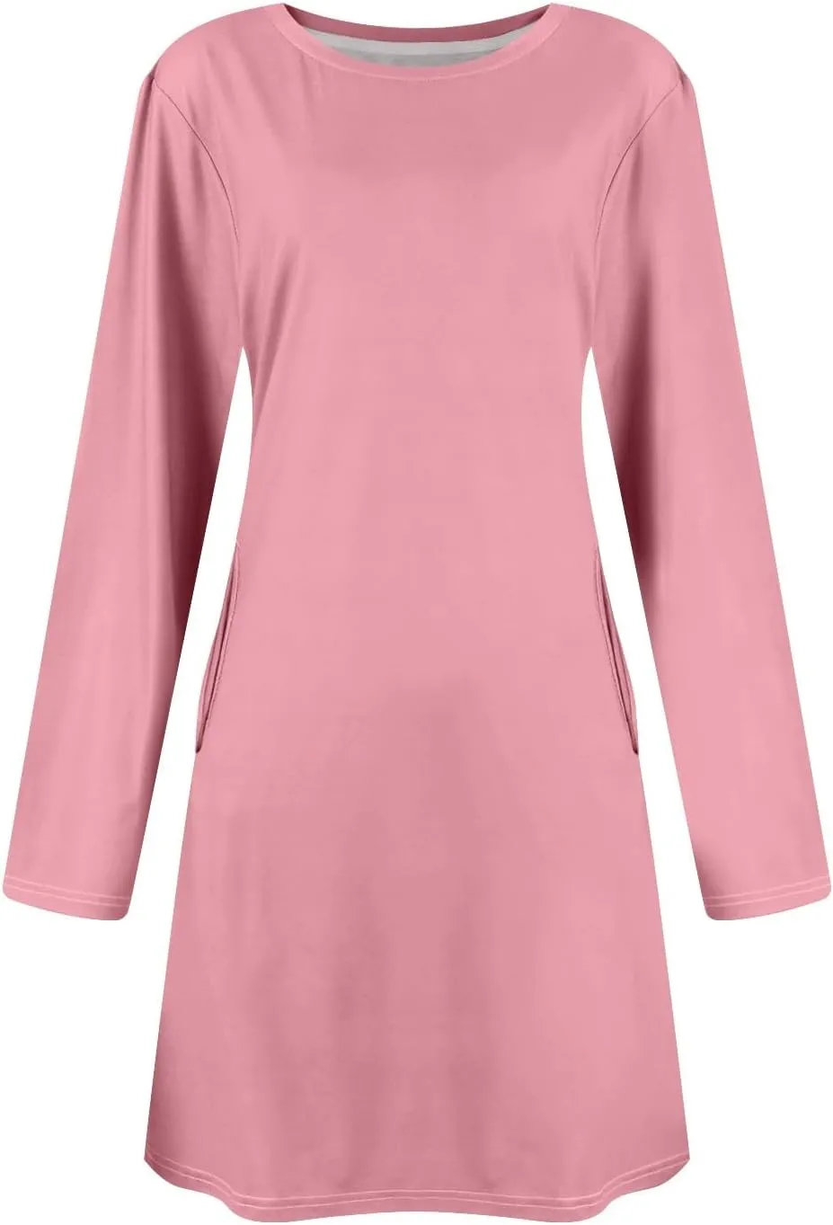 Spring Dresses for Women 2025 Long Sleeve Round Neck Knee Length Tunic Dress Solid Side Pocket Vacation Dresses
