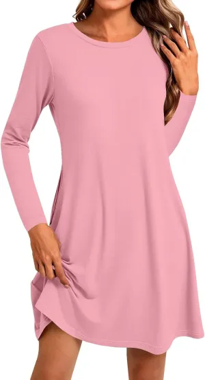 Spring Dresses for Women 2025 Long Sleeve Round Neck Knee Length Tunic Dress Solid Side Pocket Vacation Dresses