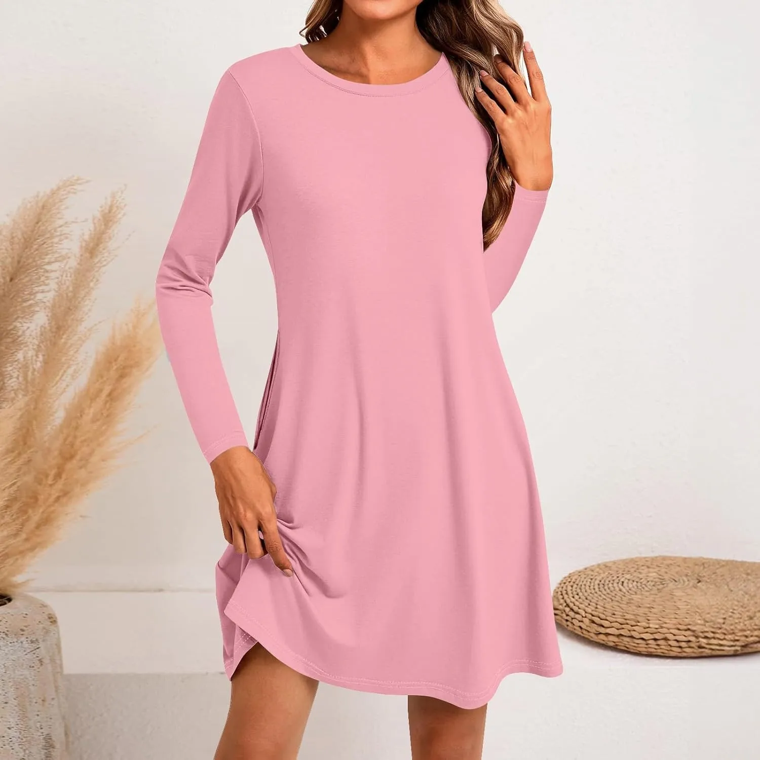 Spring Dresses for Women 2025 Long Sleeve Round Neck Knee Length Tunic Dress Solid Side Pocket Vacation Dresses