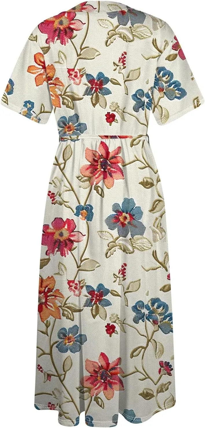Spring Dresses for Women 2025 Maxi Dress Spring Summer Short Sleeve Tie Swing Swing