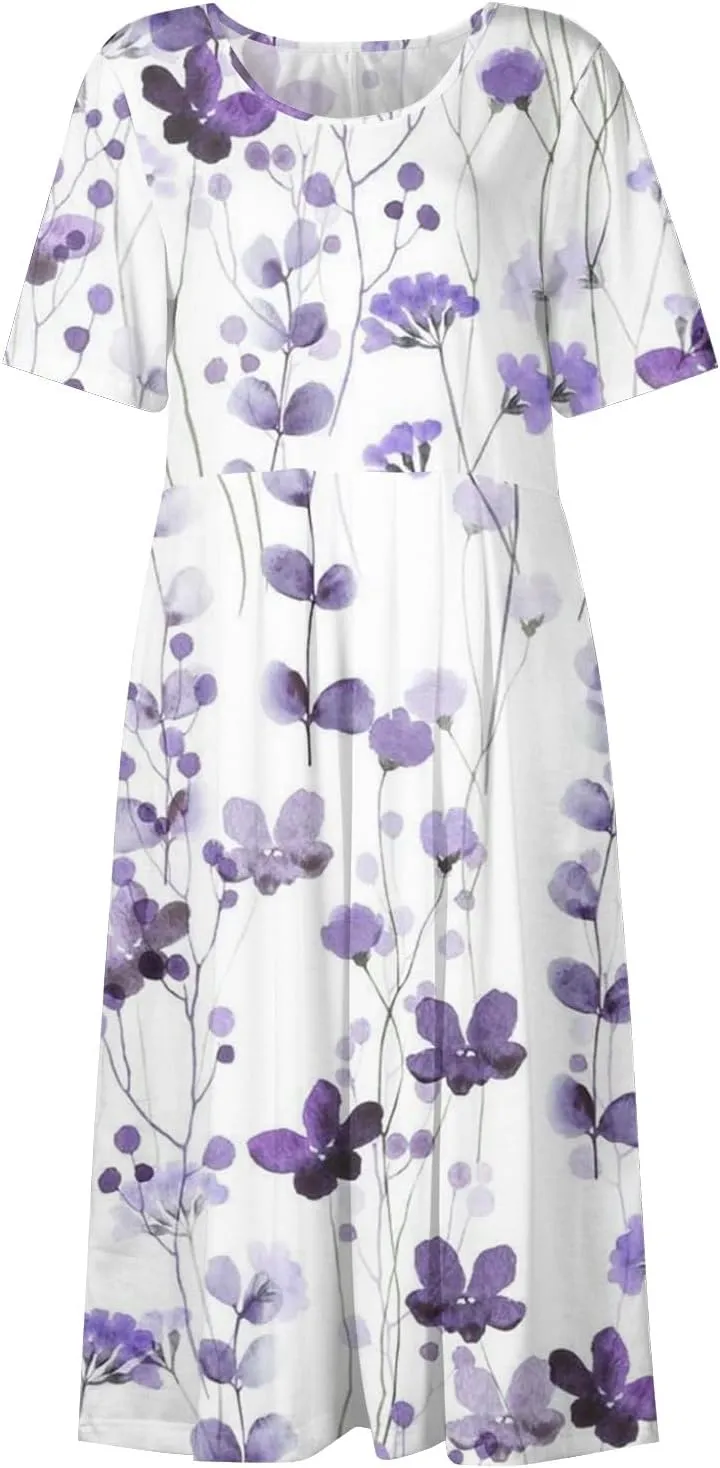 Spring Dresses for Women 2025 Short Sleeve Crew Neck Floral Long Flowy Dress Summer Dresses for Women 2025 Going Out Dress