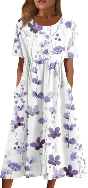 Spring Dresses for Women 2025 Short Sleeve Crew Neck Floral Long Flowy Dress Summer Dresses for Women 2025 Going Out Dress