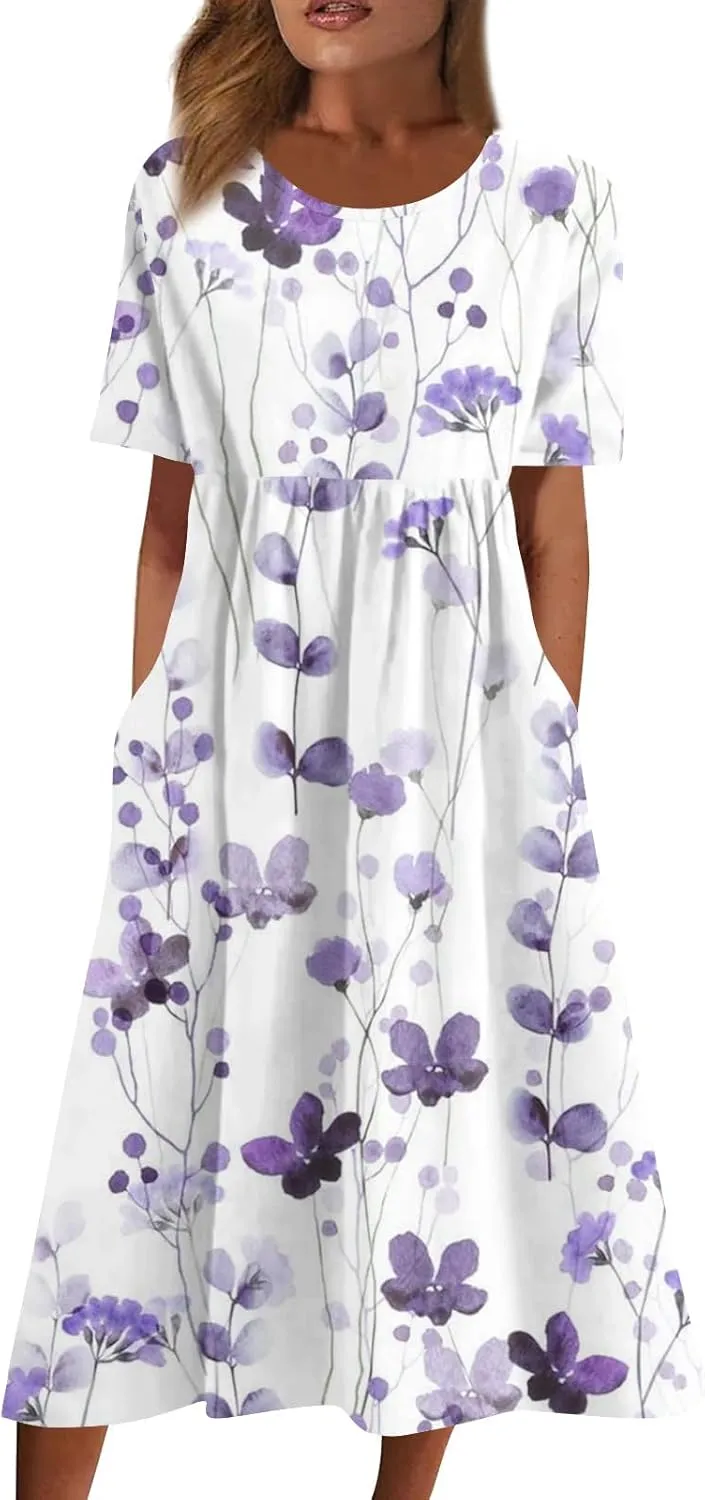Spring Dresses for Women 2025 Short Sleeve Crew Neck Floral Long Flowy Dress Summer Dresses for Women 2025 Going Out Dress