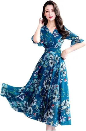 Spring Dresses for Women Trendy Flowy Casual V Neck 3/4 Sleeve Floral Maxi Dress A Line Plus Size Summer Long Dresses