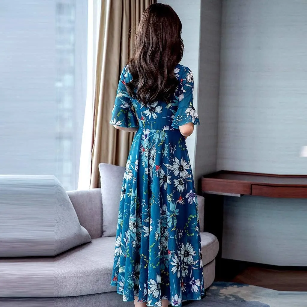 Spring Dresses for Women Trendy Flowy Casual V Neck 3/4 Sleeve Floral Maxi Dress A Line Plus Size Summer Long Dresses