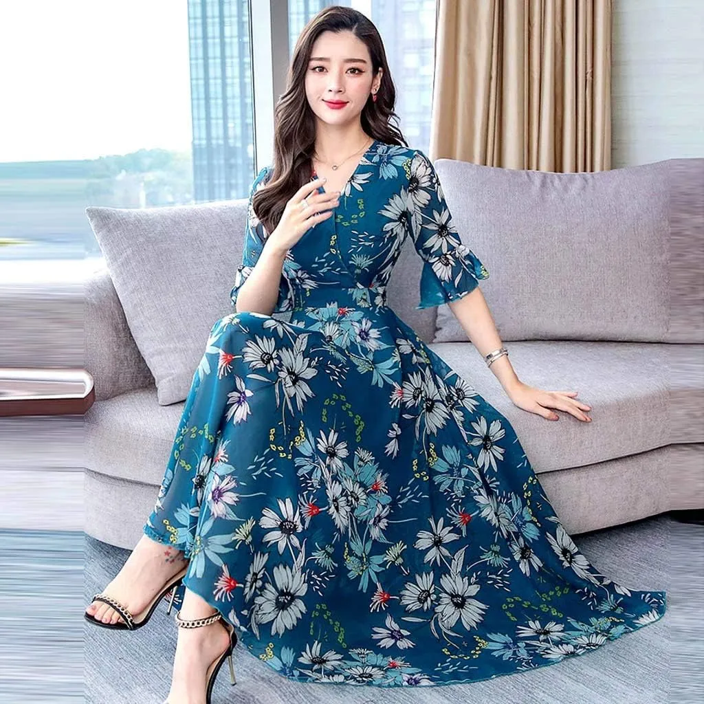 Spring Dresses for Women Trendy Flowy Casual V Neck 3/4 Sleeve Floral Maxi Dress A Line Plus Size Summer Long Dresses
