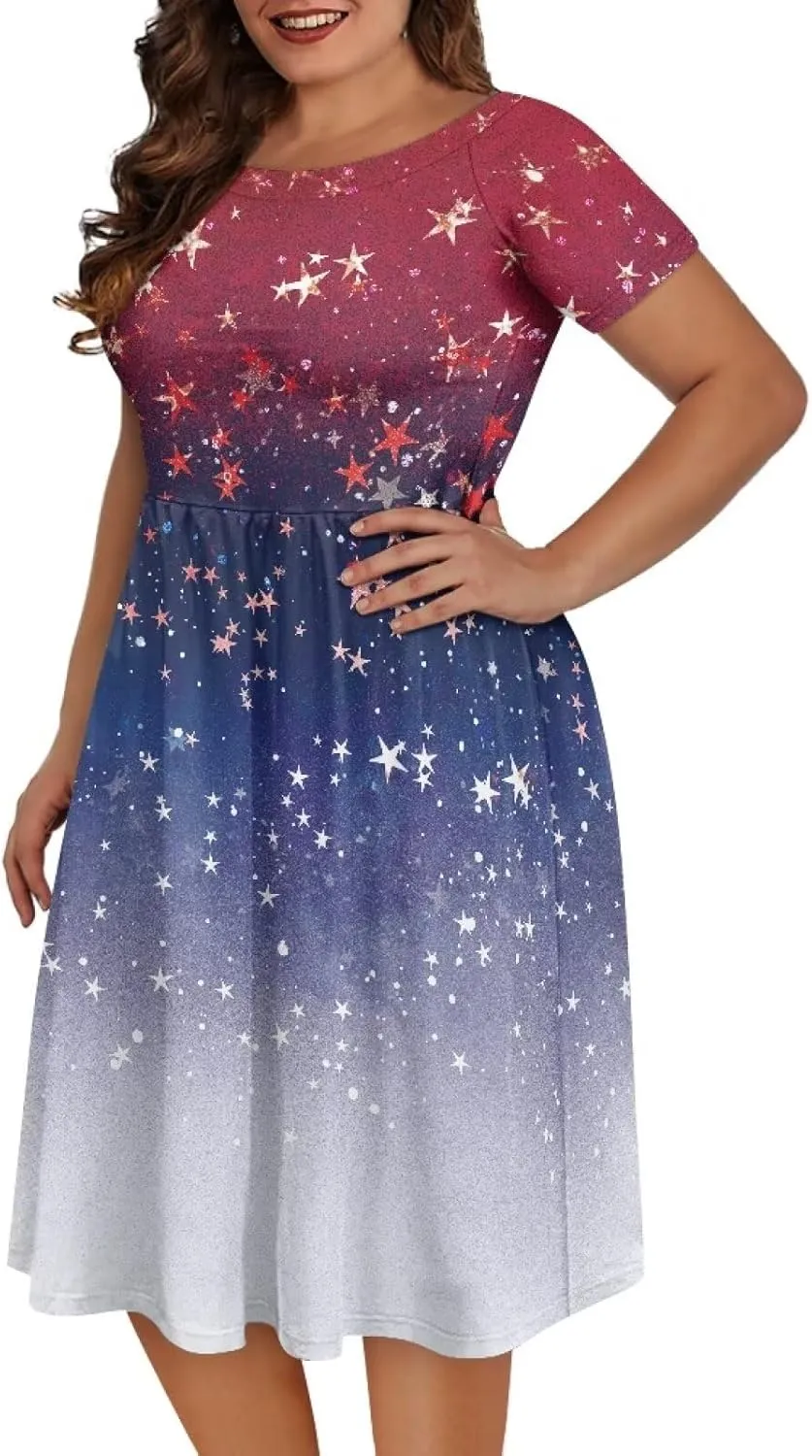 Spring Fall Summer Flowy Knee Length Dress for Women Loose Fitting Short Sleeve Midi Dress Size XS-4XL