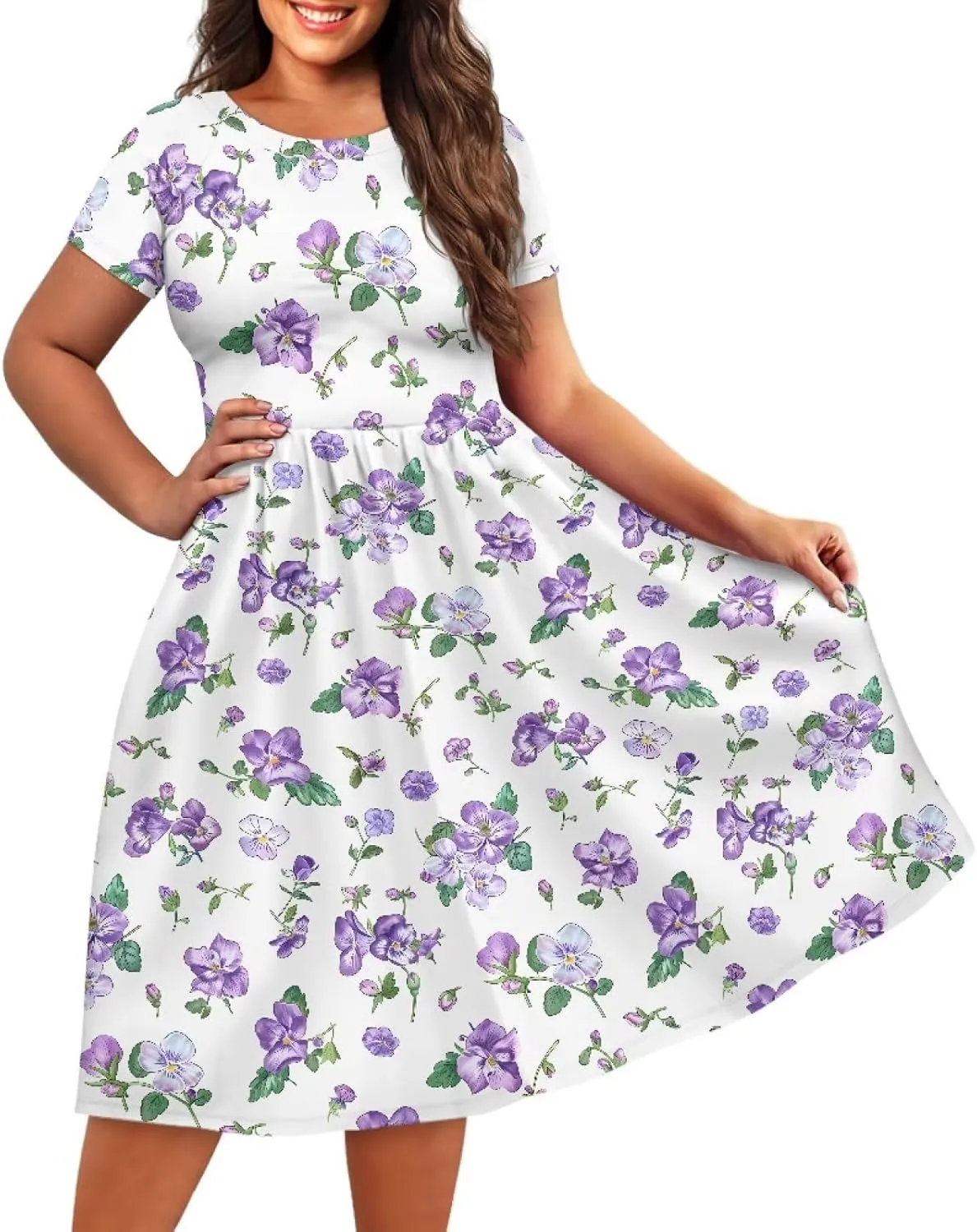 Spring Fall Summer Flowy Knee Length Dress for Women Loose Fitting Short Sleeve Midi Dress Size XS-4XL