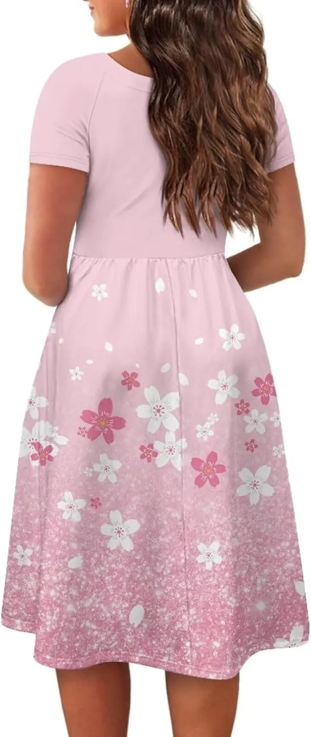Spring Fall Summer Flowy Knee Length Dress for Women Loose Fitting Short Sleeve Midi Dress Size XS-4XL