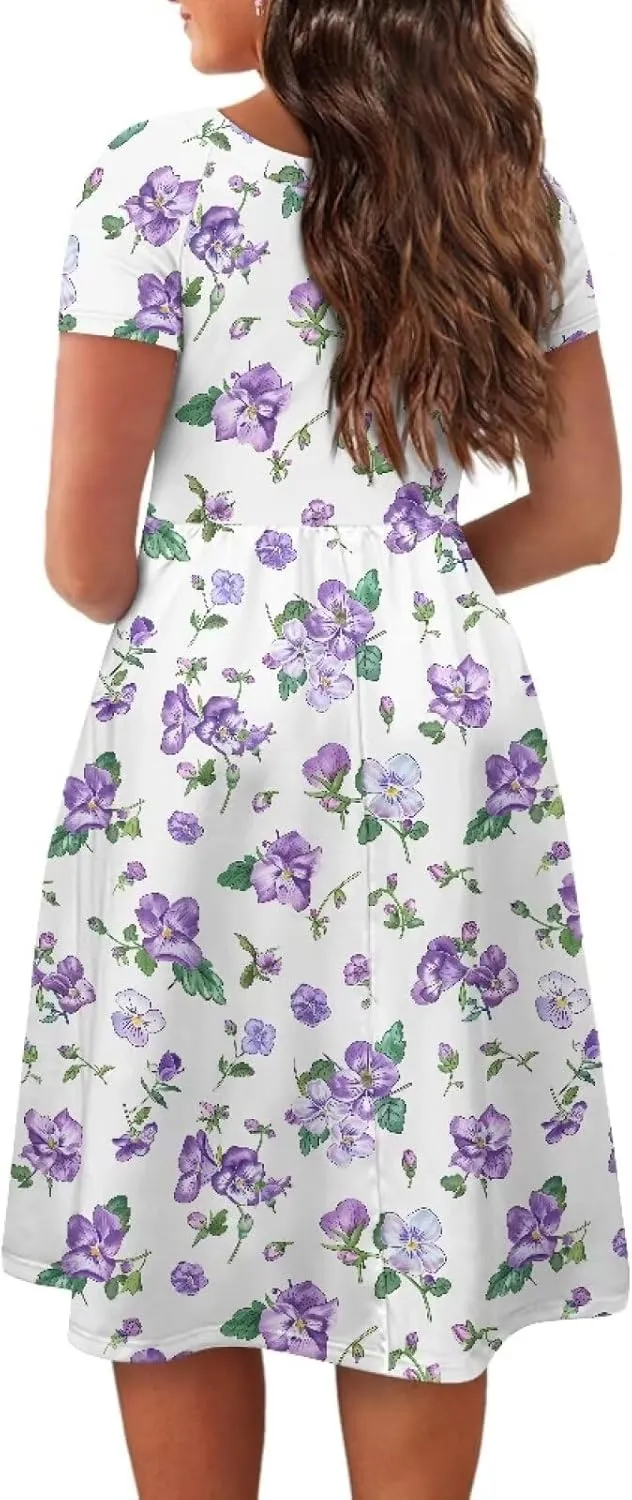 Spring Fall Summer Flowy Knee Length Dress for Women Loose Fitting Short Sleeve Midi Dress Size XS-4XL