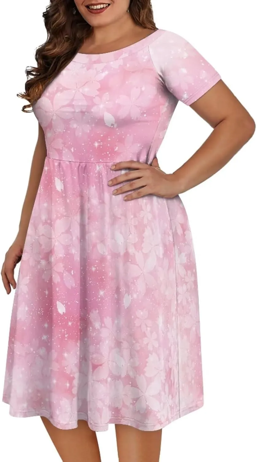 Spring Fall Summer Flowy Knee Length Dress for Women Loose Fitting Short Sleeve Midi Dress Size XS-4XL