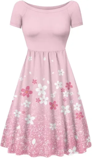 Spring Fall Summer Flowy Knee Length Dress for Women Loose Fitting Short Sleeve Midi Dress Size XS-4XL
