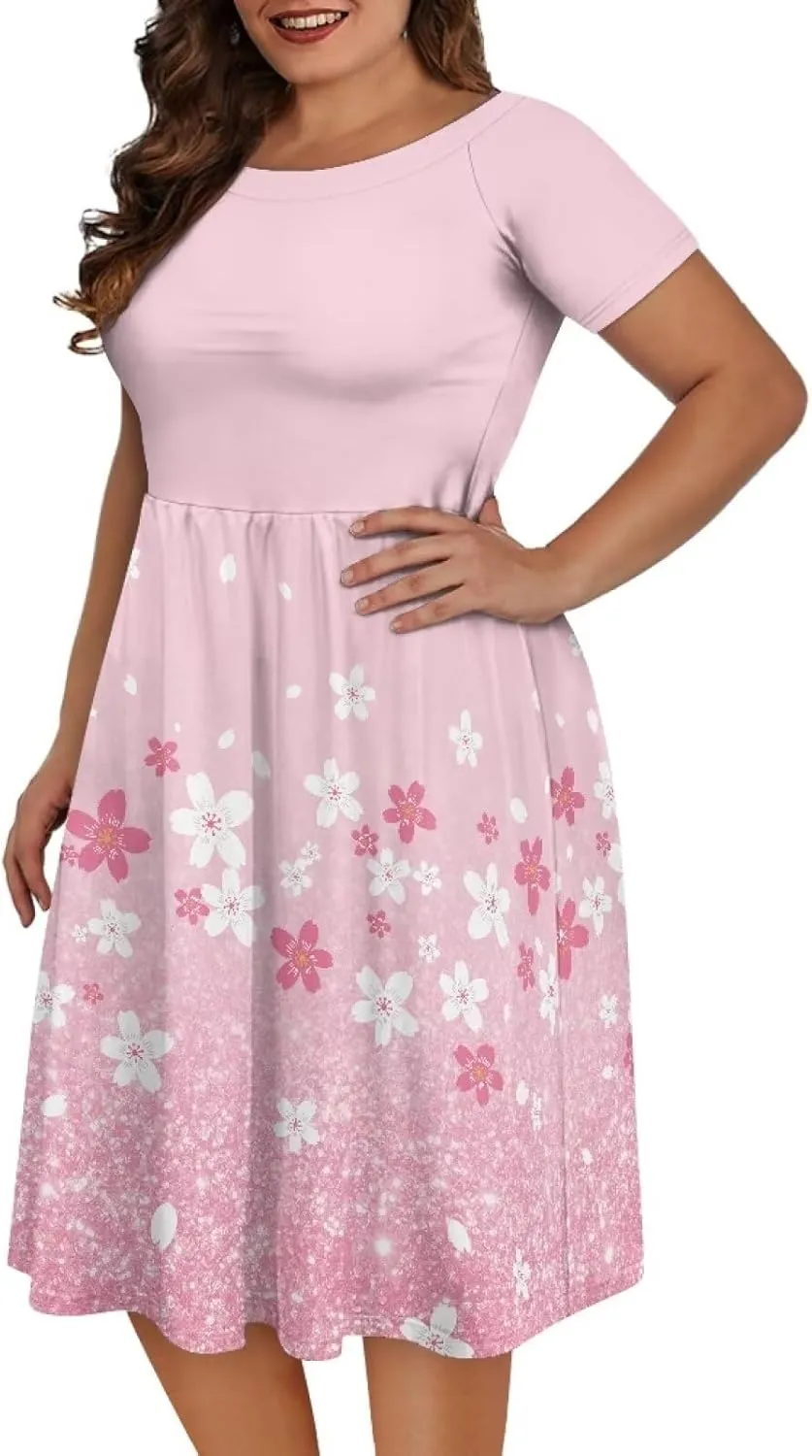 Spring Fall Summer Flowy Knee Length Dress for Women Loose Fitting Short Sleeve Midi Dress Size XS-4XL