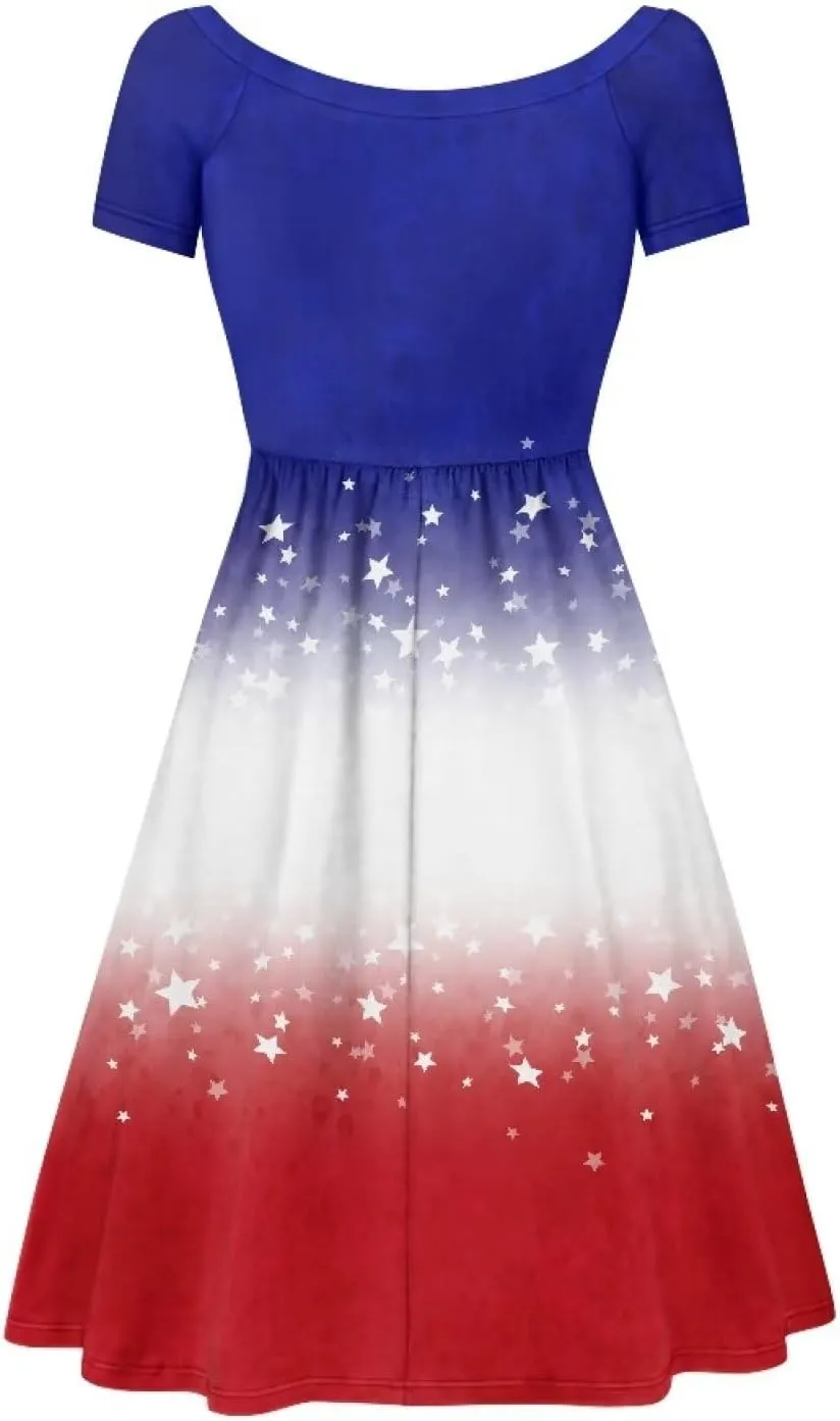 Spring Fall Summer Flowy Knee Length Dress for Women Loose Fitting Short Sleeve Midi Dress Size XS-4XL