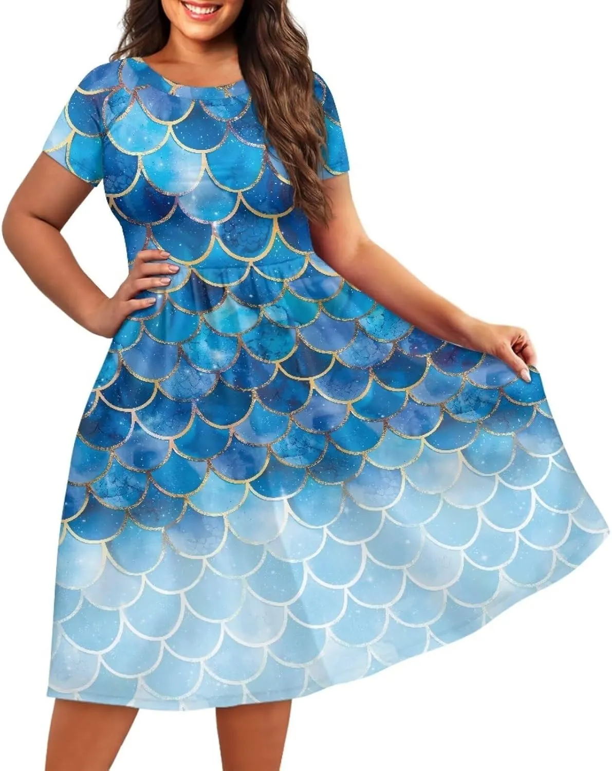 Spring Fall Summer Flowy Knee Length Dress for Women Loose Fitting Short Sleeve Midi Dress Size XS-4XL