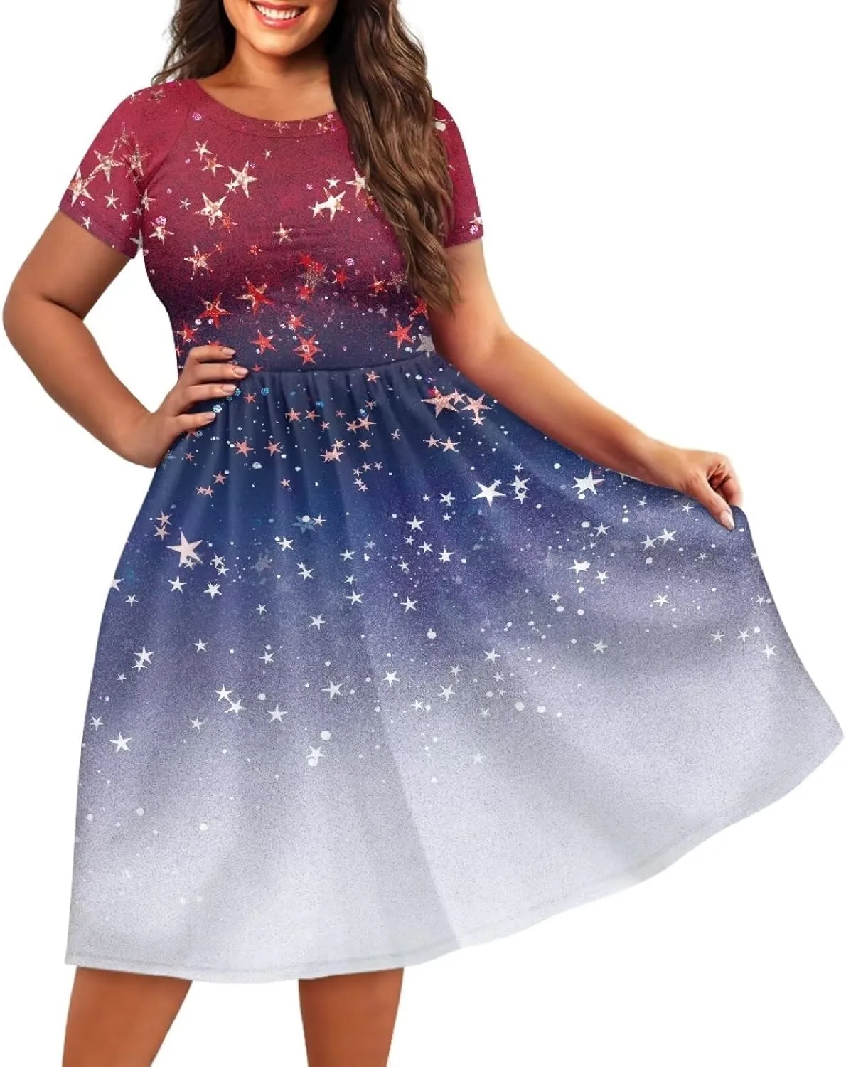 Spring Fall Summer Flowy Knee Length Dress for Women Loose Fitting Short Sleeve Midi Dress Size XS-4XL