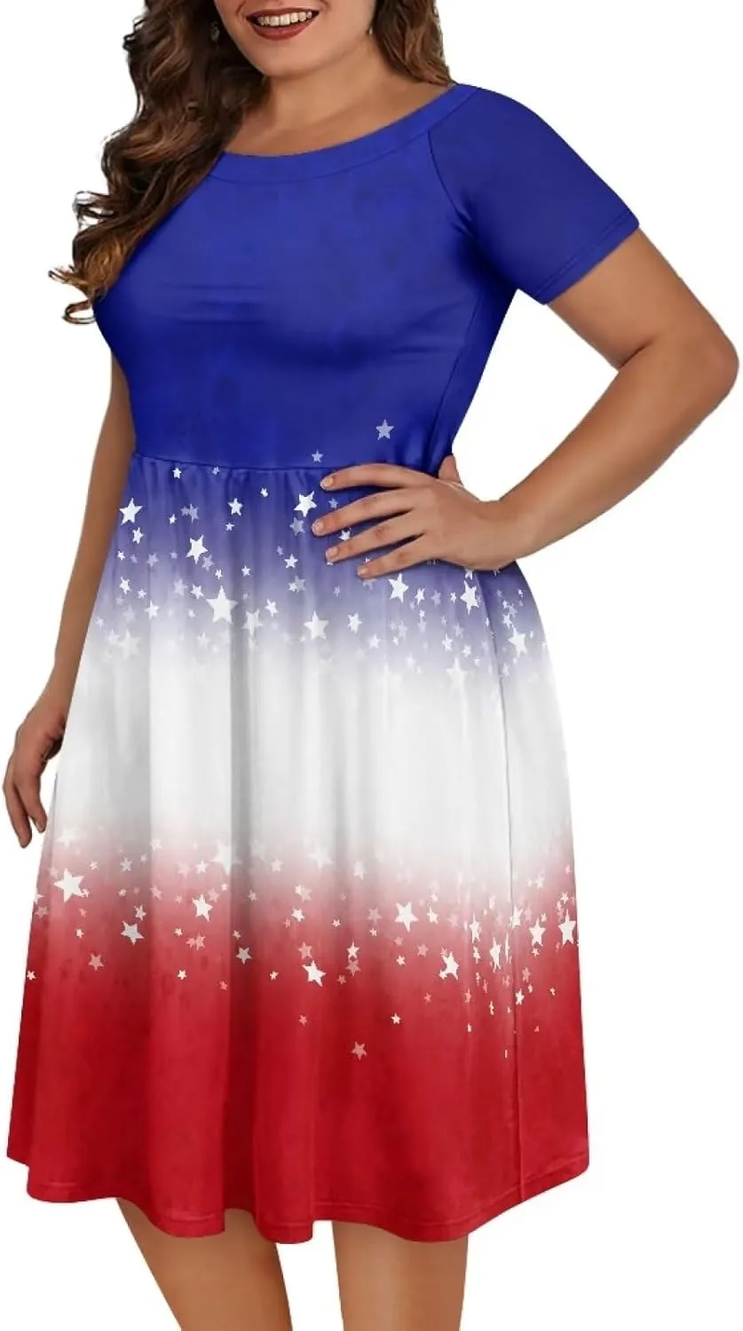 Spring Fall Summer Flowy Knee Length Dress for Women Loose Fitting Short Sleeve Midi Dress Size XS-4XL