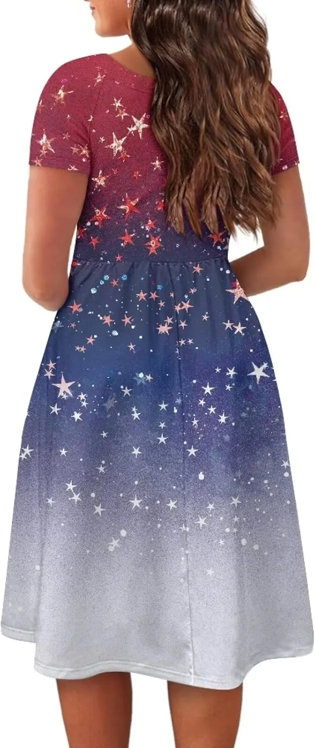 Spring Fall Summer Flowy Knee Length Dress for Women Loose Fitting Short Sleeve Midi Dress Size XS-4XL