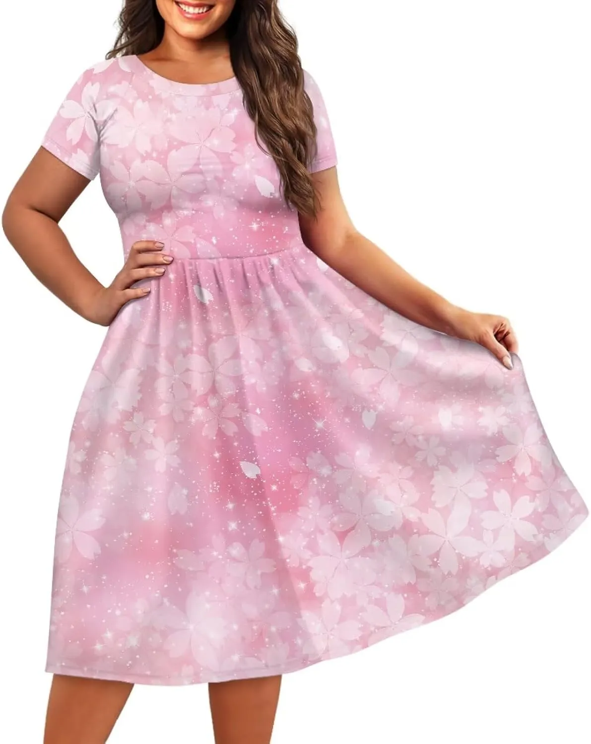 Spring Fall Summer Flowy Knee Length Dress for Women Loose Fitting Short Sleeve Midi Dress Size XS-4XL